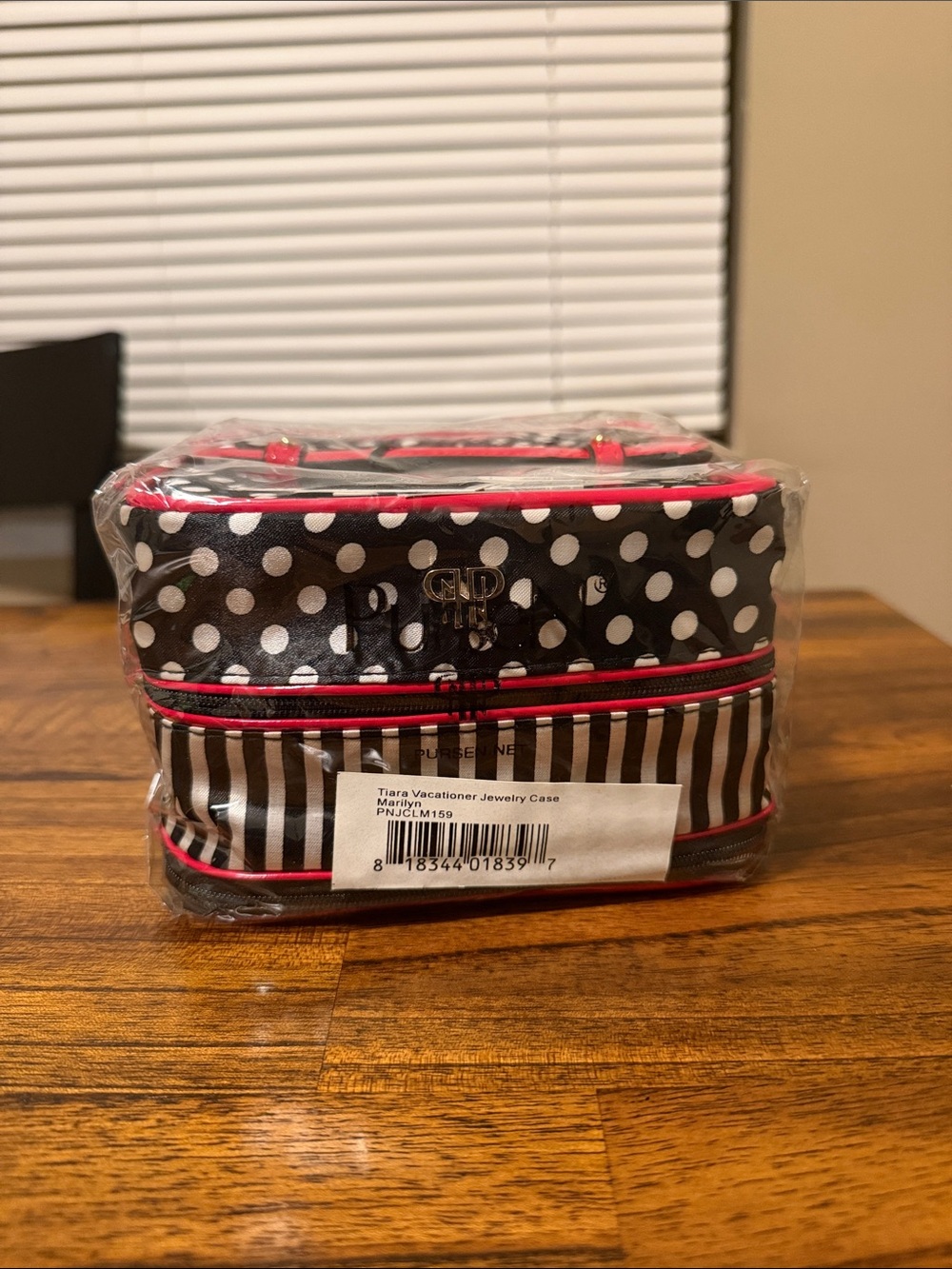 PurseN Black and White Polka Dot & Striped Travel Jewelry Case with Hot Red Trim